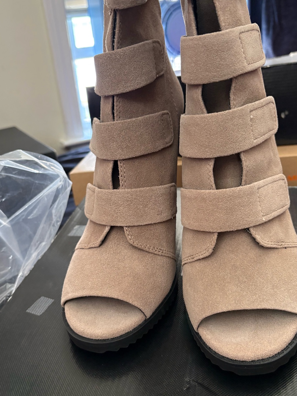 Donna Karan Taupe Suede Strappy Peep-Toe Heels